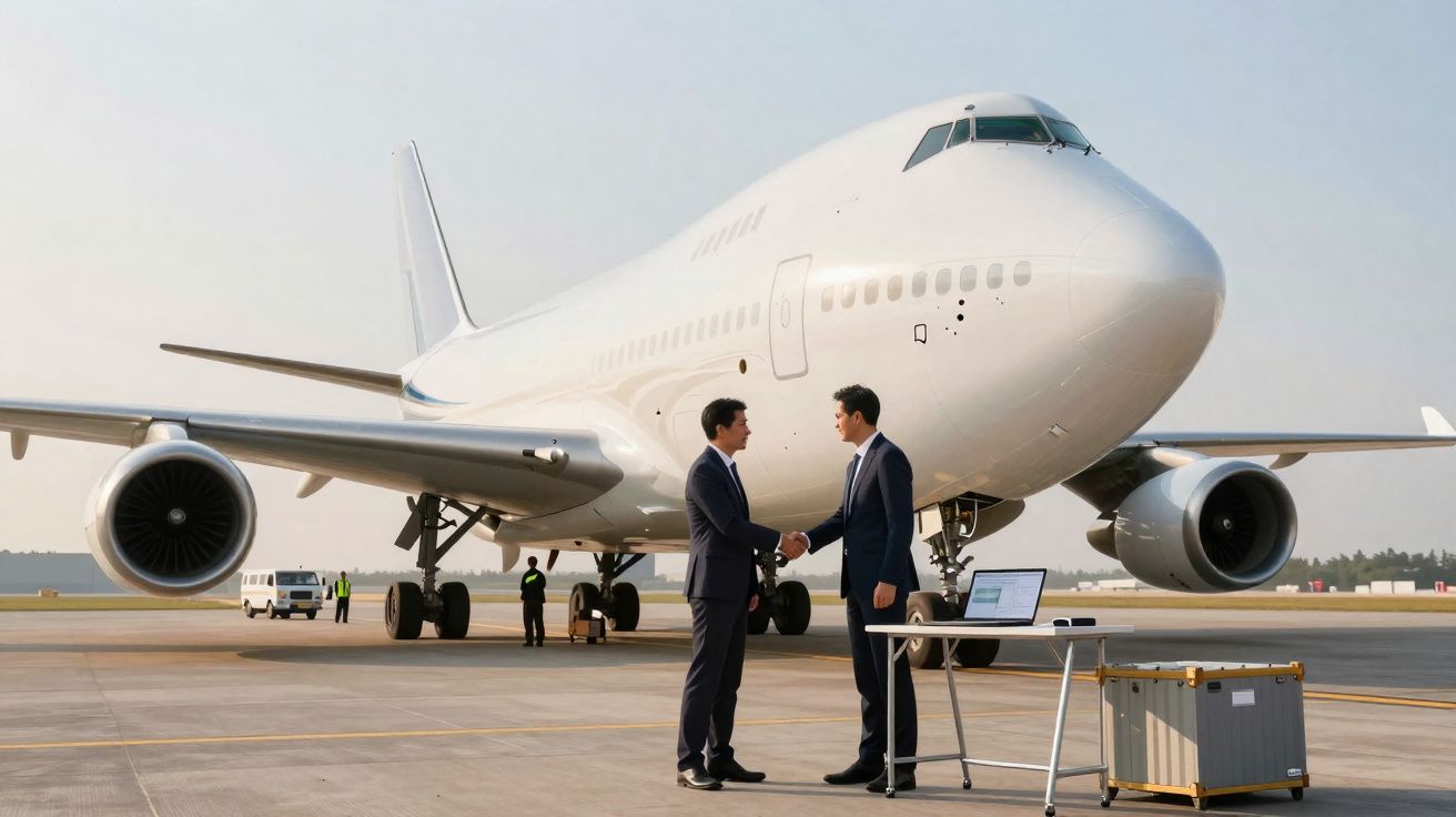 Dois homens em terno apertam as mãos em frente a um avião grande no aeroporto.