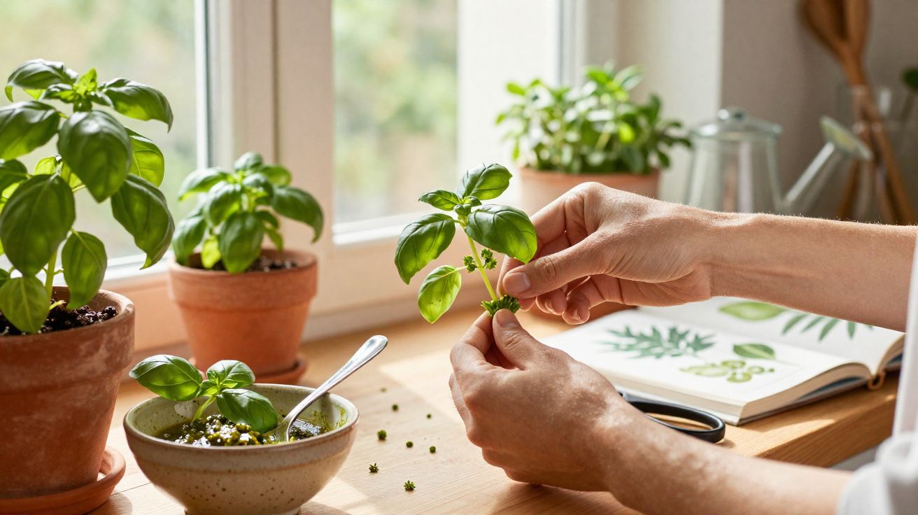 Mãos podando folhas de manjericão em vaso na mesa ao lado de livro aberto com ilustrações botânicas.