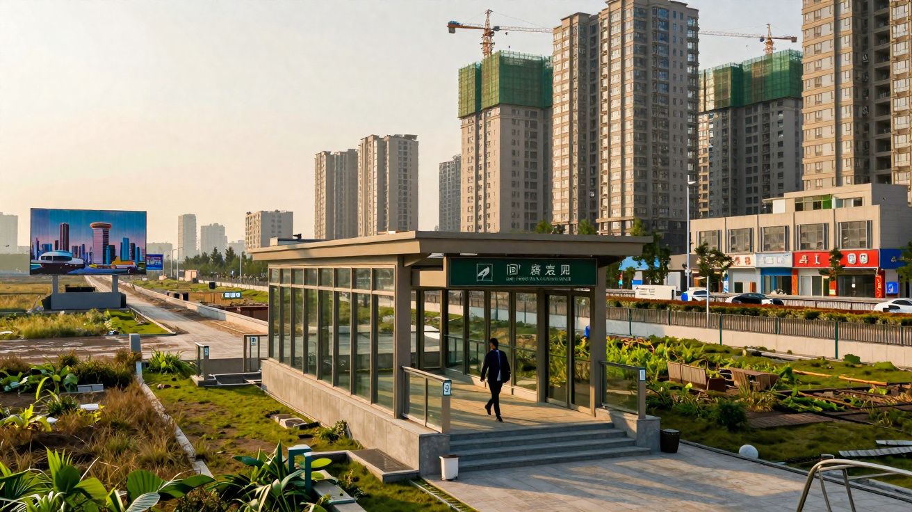 Entrada de metrô cercada por áreas verdes, com prédios altos em construção ao fundo durante o dia.