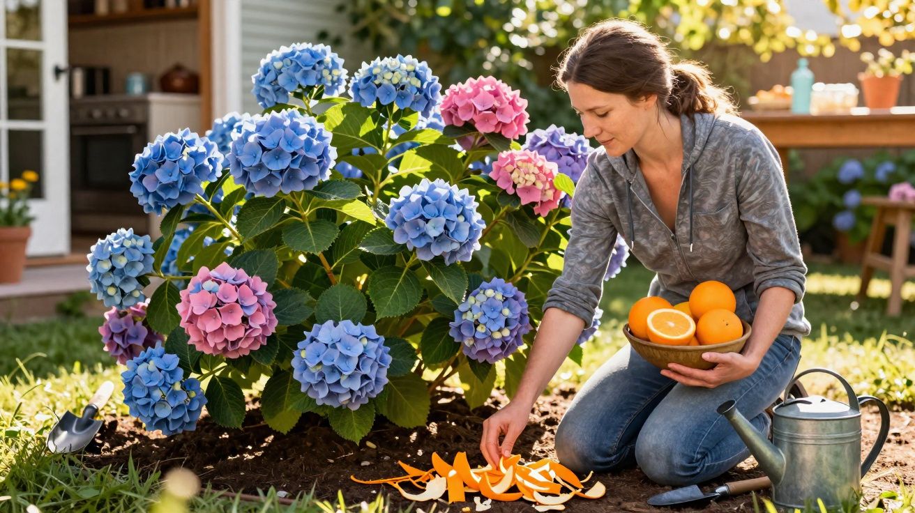 Mulher em joelhos colhendo cascas de laranja ao lado de hortênsias rosas e azuis no jardim ensolarado.
