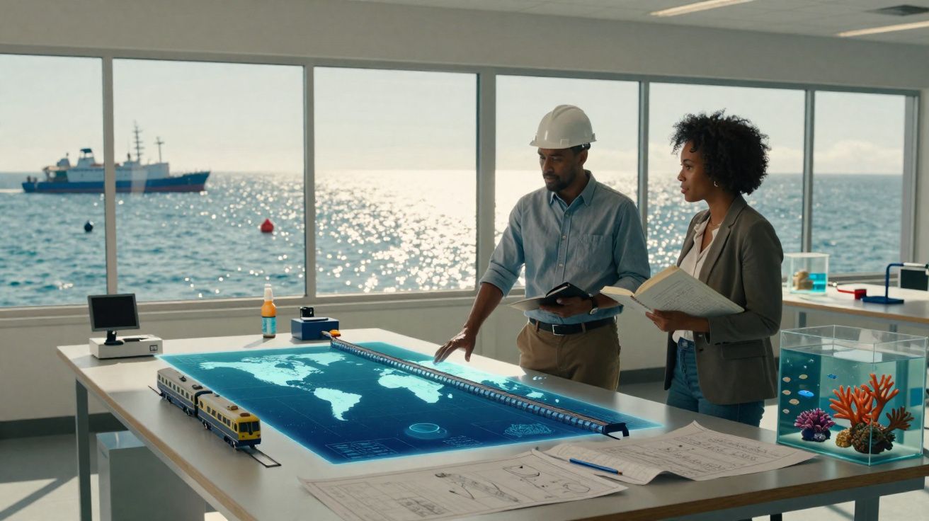 Dois profissionais analisam um mapa digital em mesa com maquete de trem e aquário, com vista para o mar ao fundo.