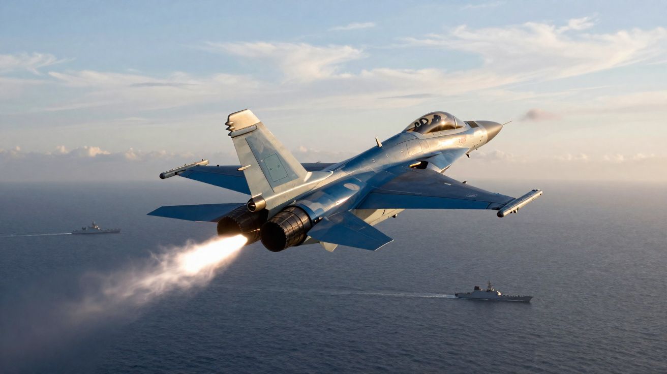 Caça militar cinza voando sobre o mar com pós-combustor acionado e dois navios ao fundo.