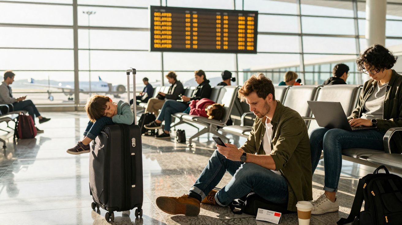 Passageiros aguardam em cadeiras e no chão de aeroporto com malas e painéis de voo ao fundo.