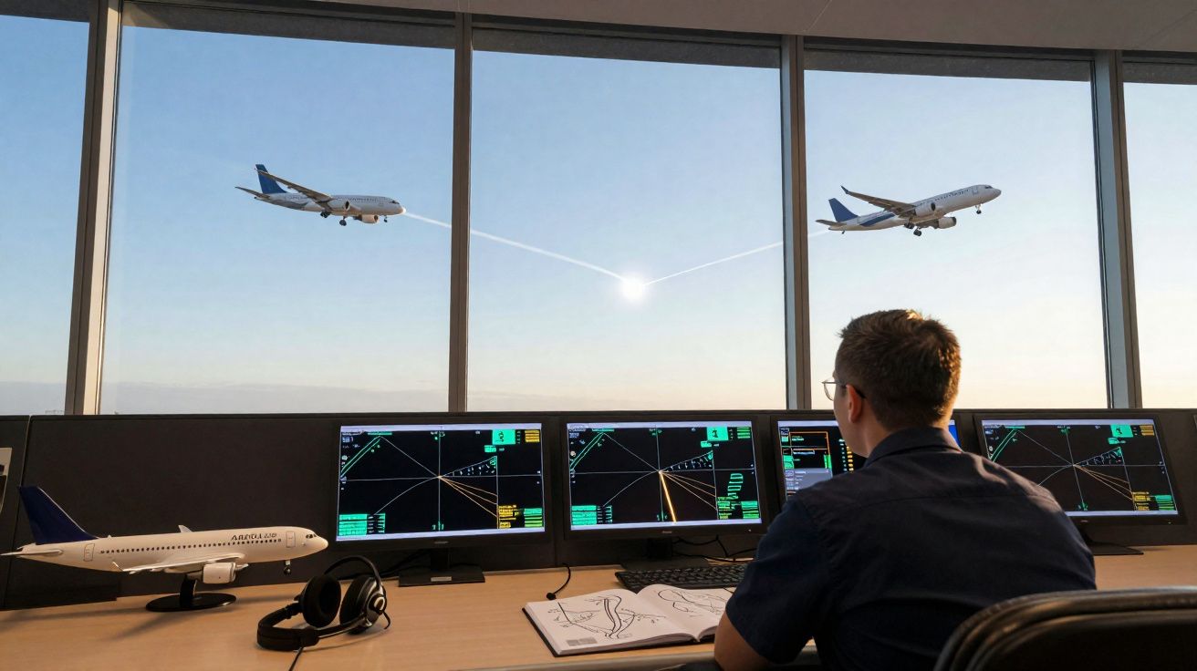 Homem monitora controle de tráfego aéreo com aviões decolando pela janela ao entardecer.