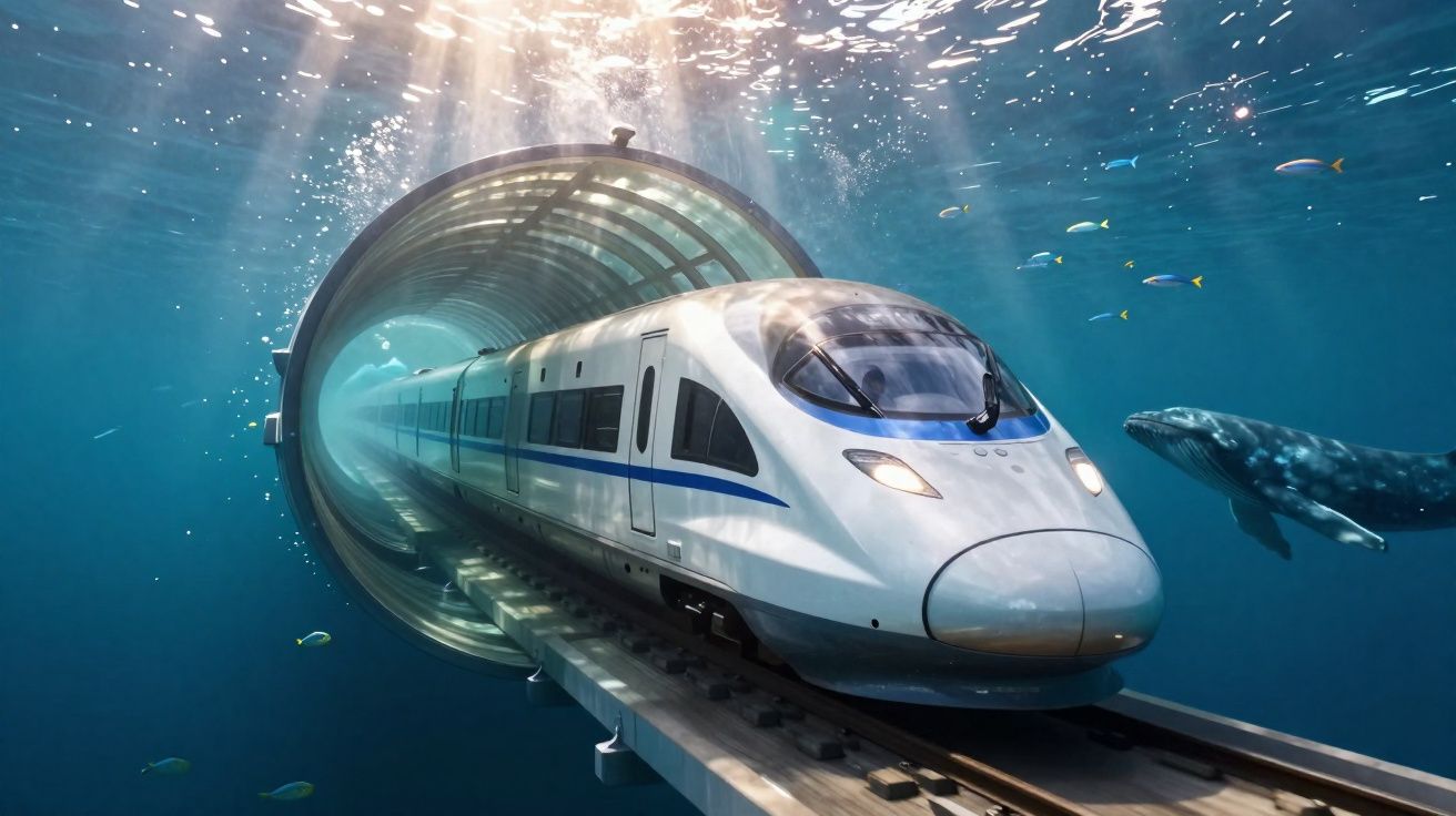 Trem de alta velocidade passando por túnel subaquático com baleia e peixes nadando ao redor.
