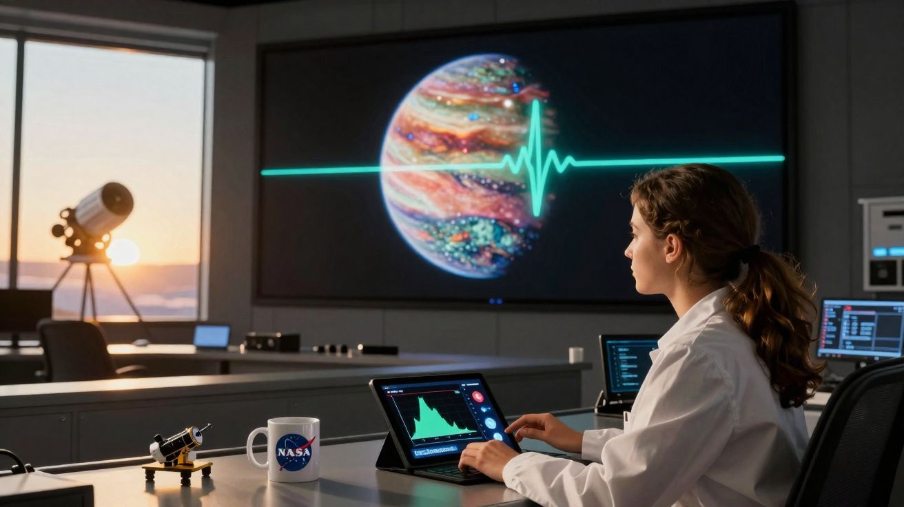Cientista analisa dados em tablet com imagem de planeta e batimentos em tela de fundo em laboratório.