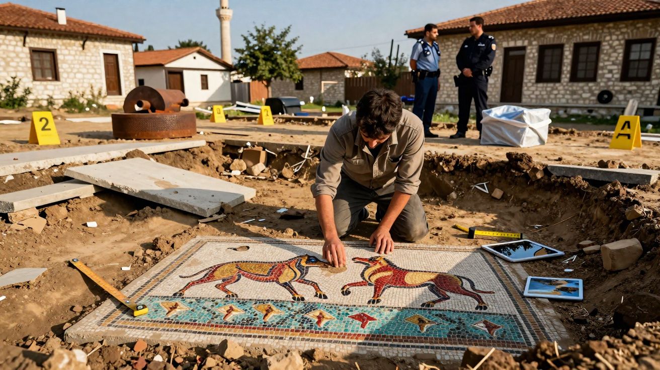 Arqueólogo examinando mosaico com cavalos em escavação ao ar livre cercada por marcadores e policiais.