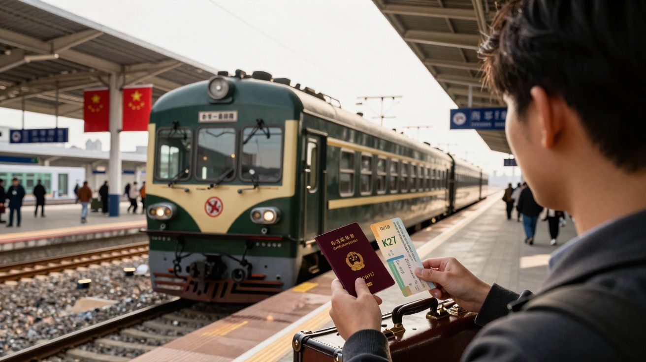 Homem na estação segurando passaporte e bilhete, trem verde chegando na plataforma.
