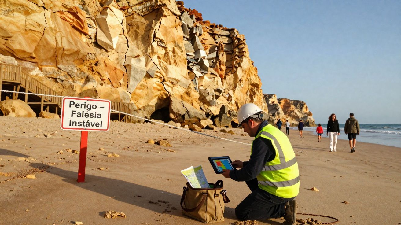 Profissional com colete e capacete analisa dados em tablet próximo a placa de alerta de falésia instável na praia.