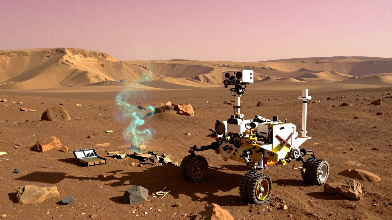 Rover explorando terreno marciano com solo rochoso e fumaça esverdeada saindo do chão.