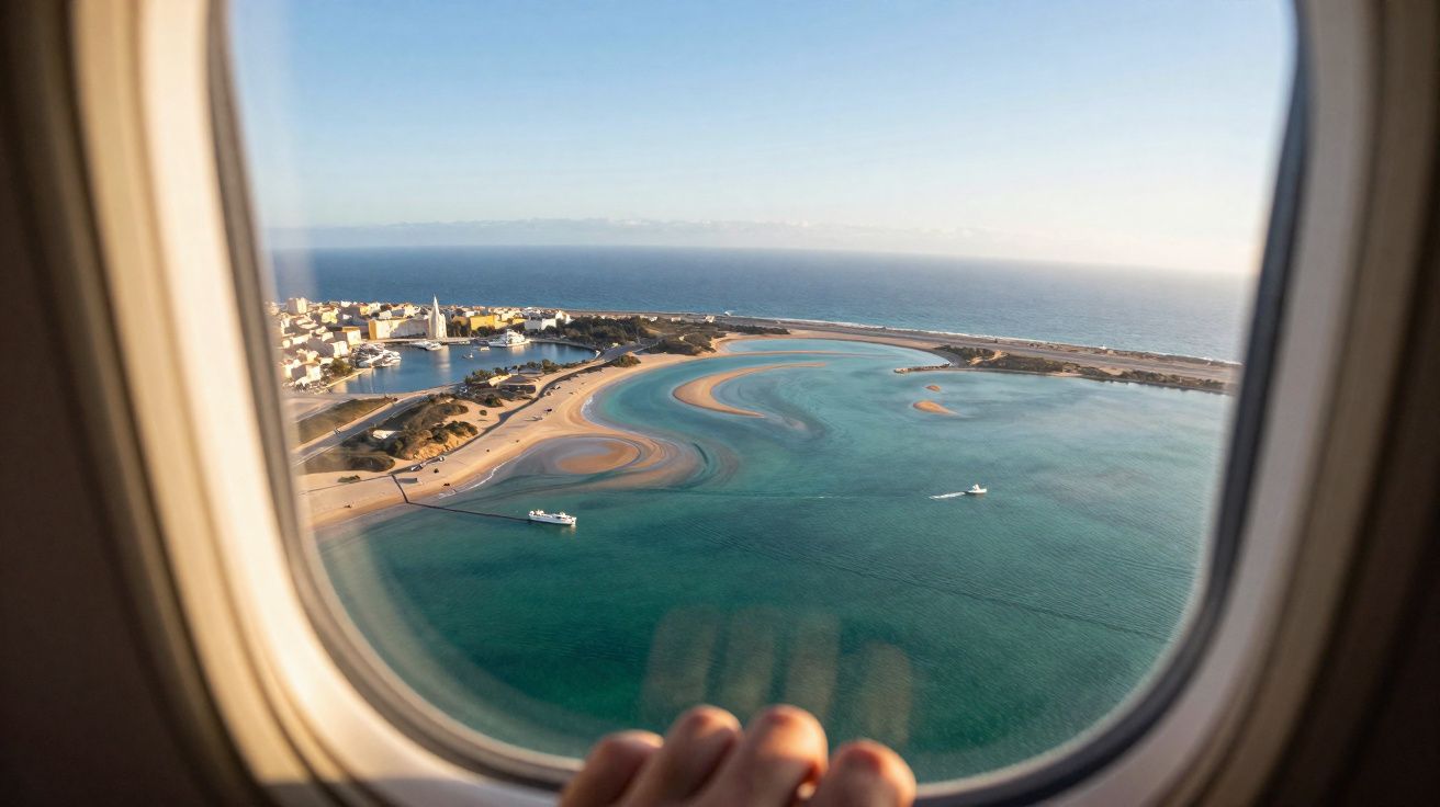 Vista aérea pelo vidro de uma janela de avião de praias e baía com barcos e cidade ao fundo.