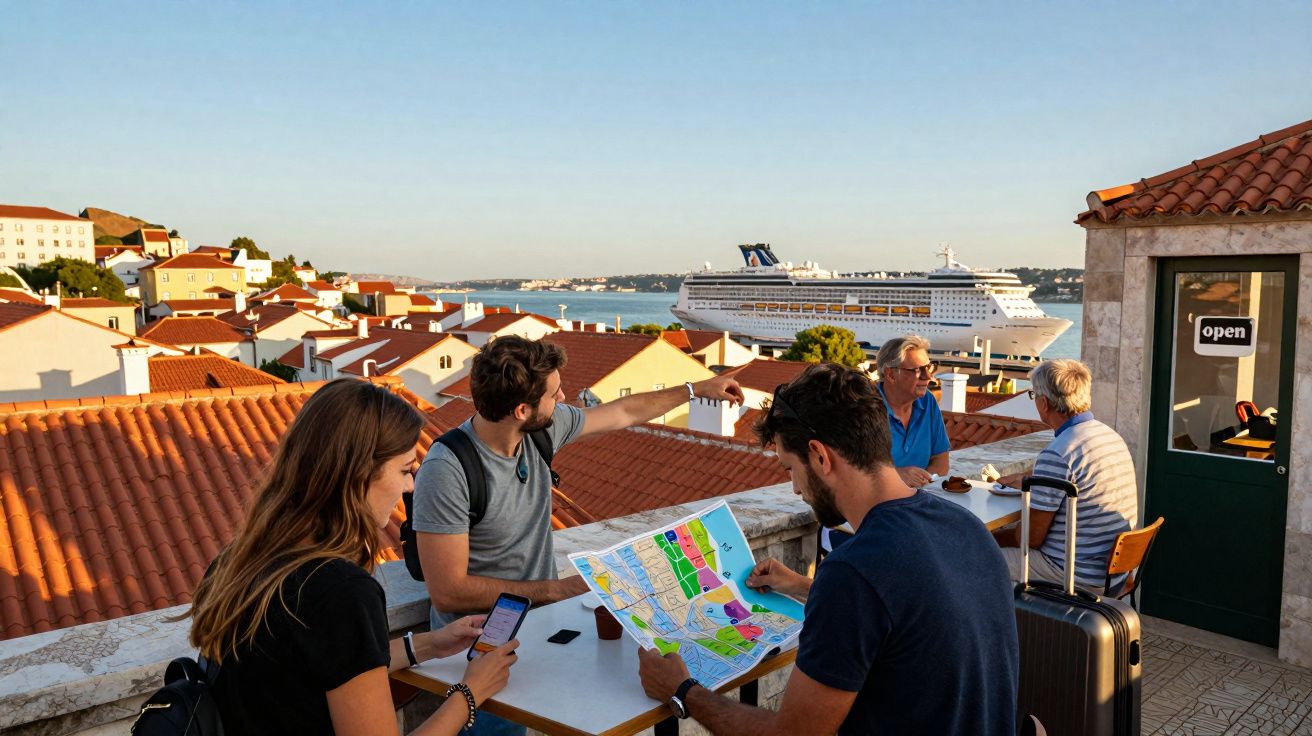 Grupo de pessoas planejando viagem em terraço com navio de cruzeiro ao fundo e casas com telhado vermelho.