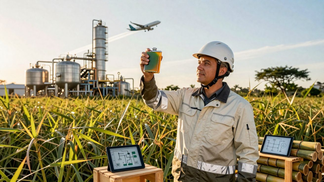 Engenheiro agrônomo em campo analisando amostra de líquido de cana-de-açúcar com indústria e avião ao fundo.