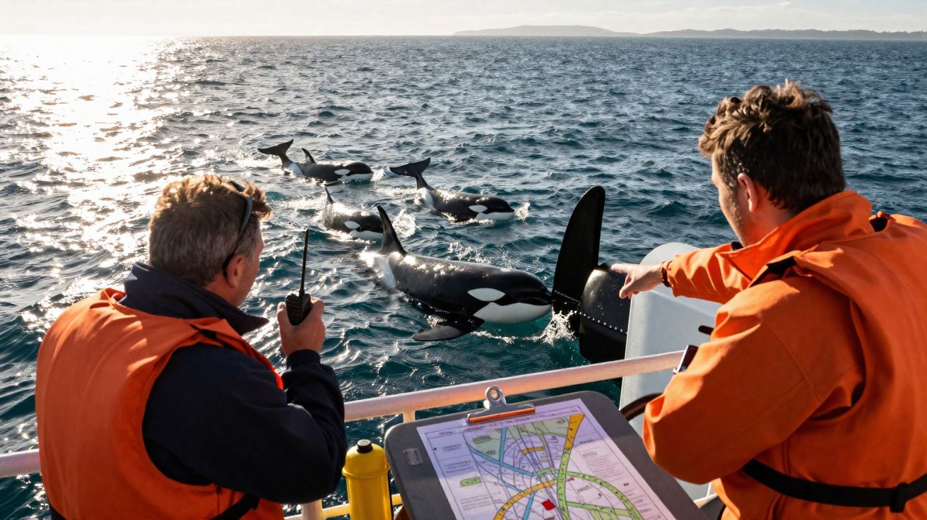 Dois homens em coletes laranja observam orcas nadando próximas a um barco com mapa náutico à frente.