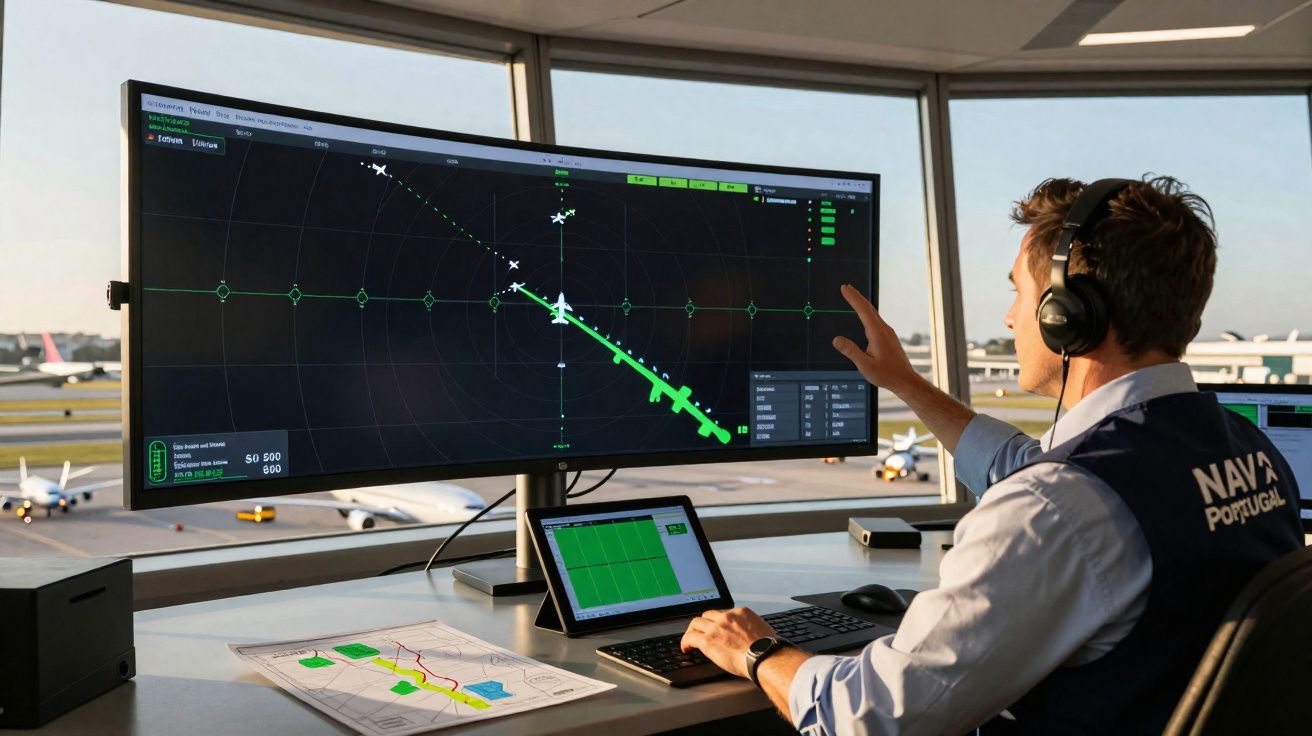 Controlador de tráfego aéreo português monitora aviões em tela de radar na torre do aeroporto.