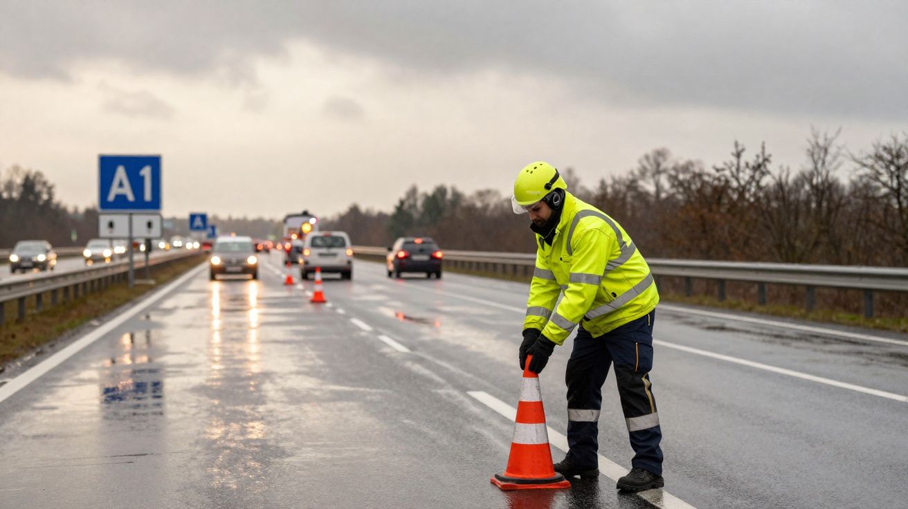 Trabalhador com colete refletivo coloca cones laranja em estrada molhada com trânsito ao fundo.