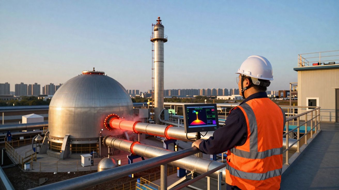 Trabalhador com capacete e colete observa tela com dados em planta industrial de gás ou energia.