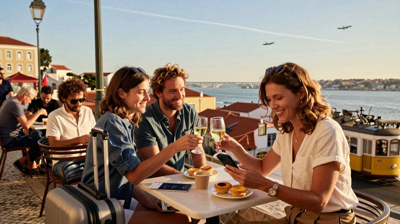 Três pessoas brindando com vinho branco em mesa de cafeteria ao ar livre com vista para rio e bonde amarelo.