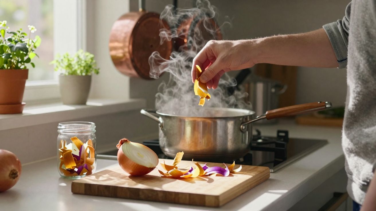 Mão colocando casca de cebola em panela com vapor na cozinha iluminada, com cebolas e jarra de vidro na bancada.