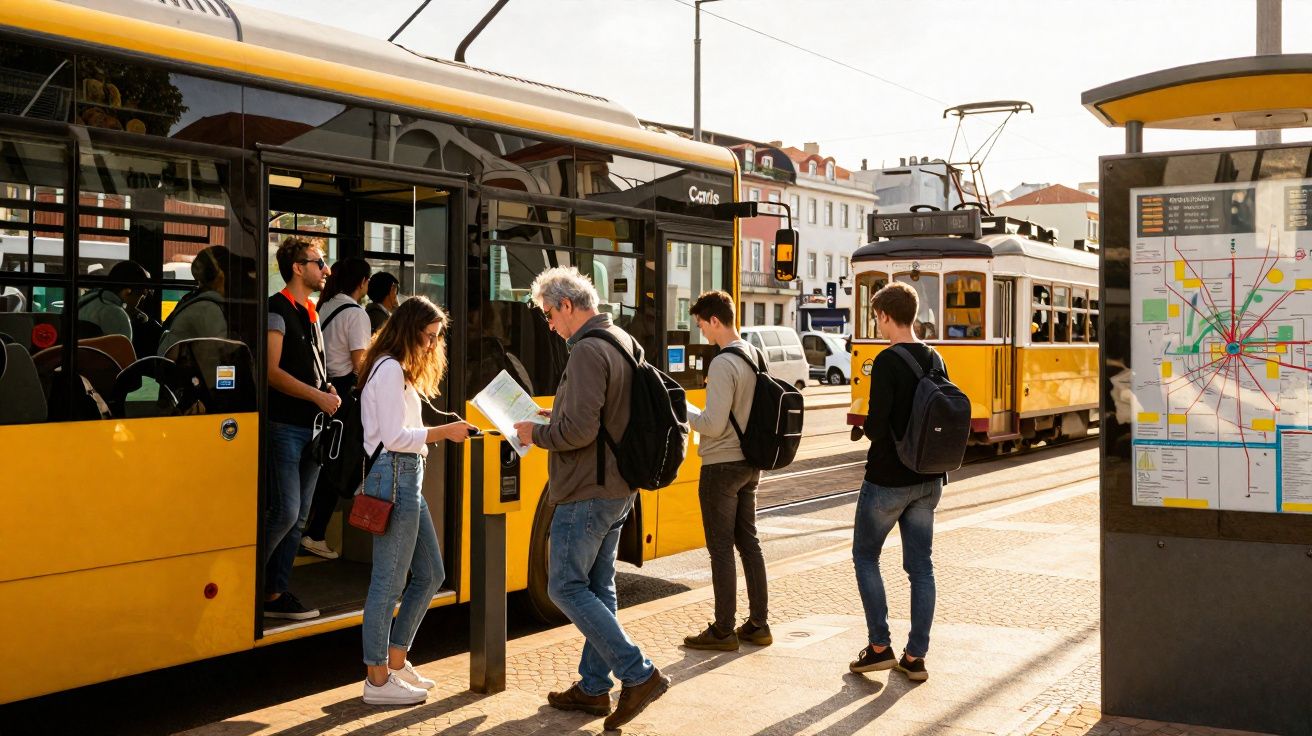 Pessoas embarcando em ônibus amarelo em ponto com mapa e bonde ao fundo em rua ensolarada.