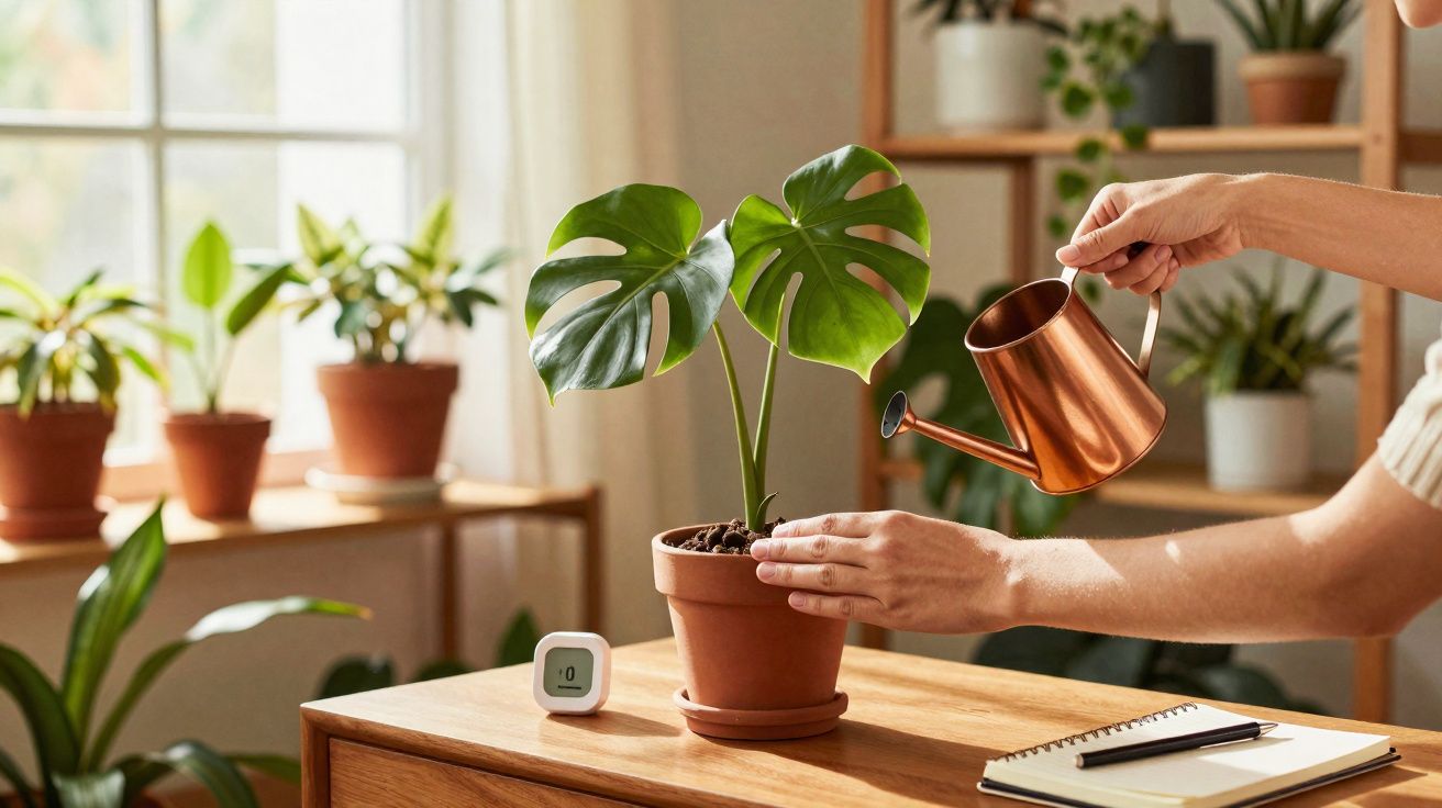 Pessoa regando planta em vaso de barro em ambiente interno com outras plantas e luz natural.