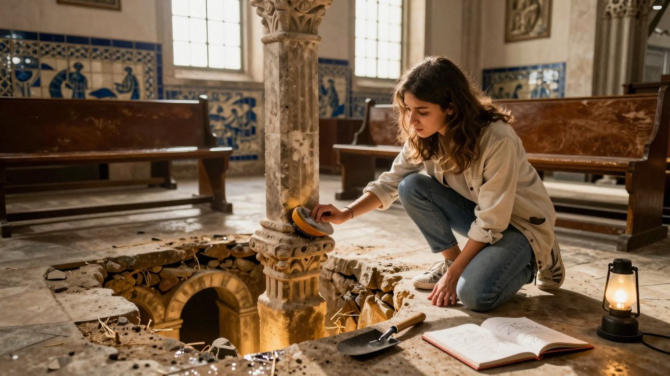 Mulher jovem limpa coluna antiga dentro de edifício histórico com banco de madeira e azulejos ao fundo.