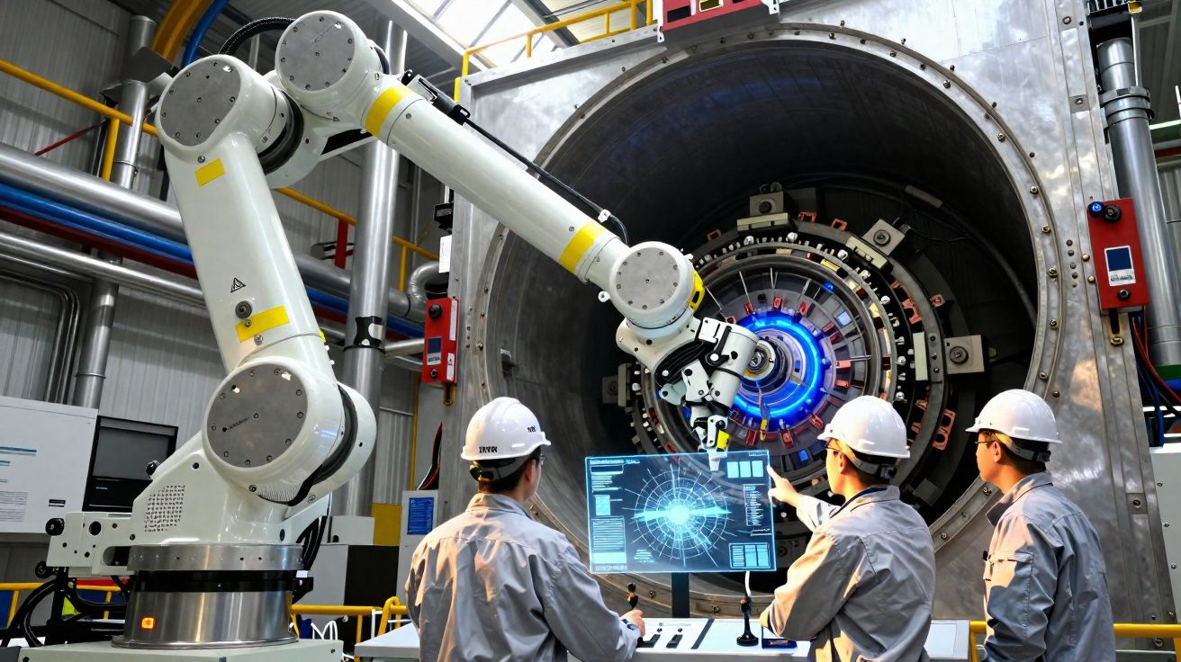 Três engenheiros com capacetes monitoram braço robótico operando em equipamento industrial avançado.