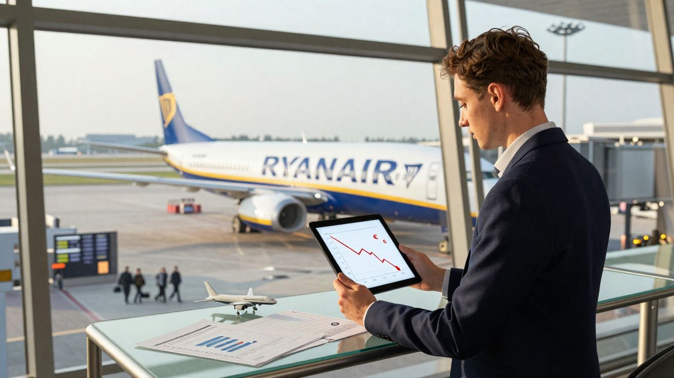 Homem de terno consulta gráfico em tablet em aeroporto com avião da Ryanair ao fundo.