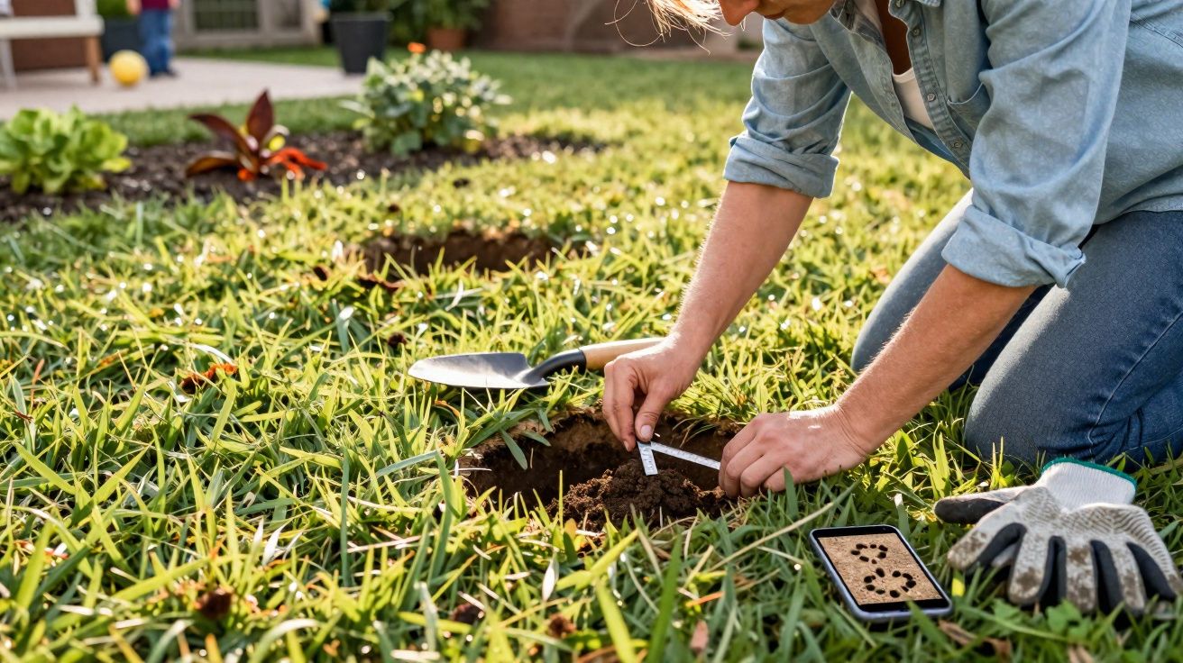 Pessoa medindo espaçamento no solo para plantio em jardim com luvas e celular ao lado.