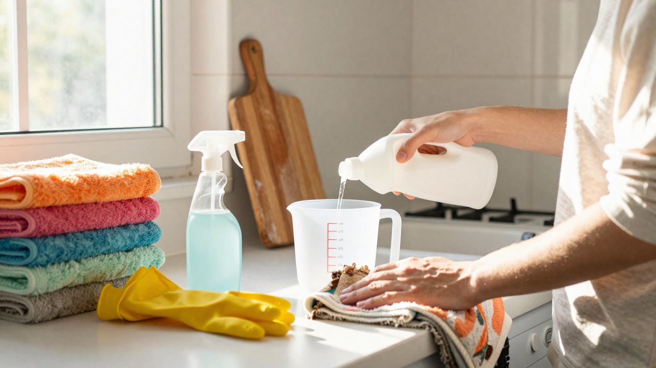 Pessoa derramando líquido em copo medidor na cozinha, com produtos e toalhas coloridas ao lado.