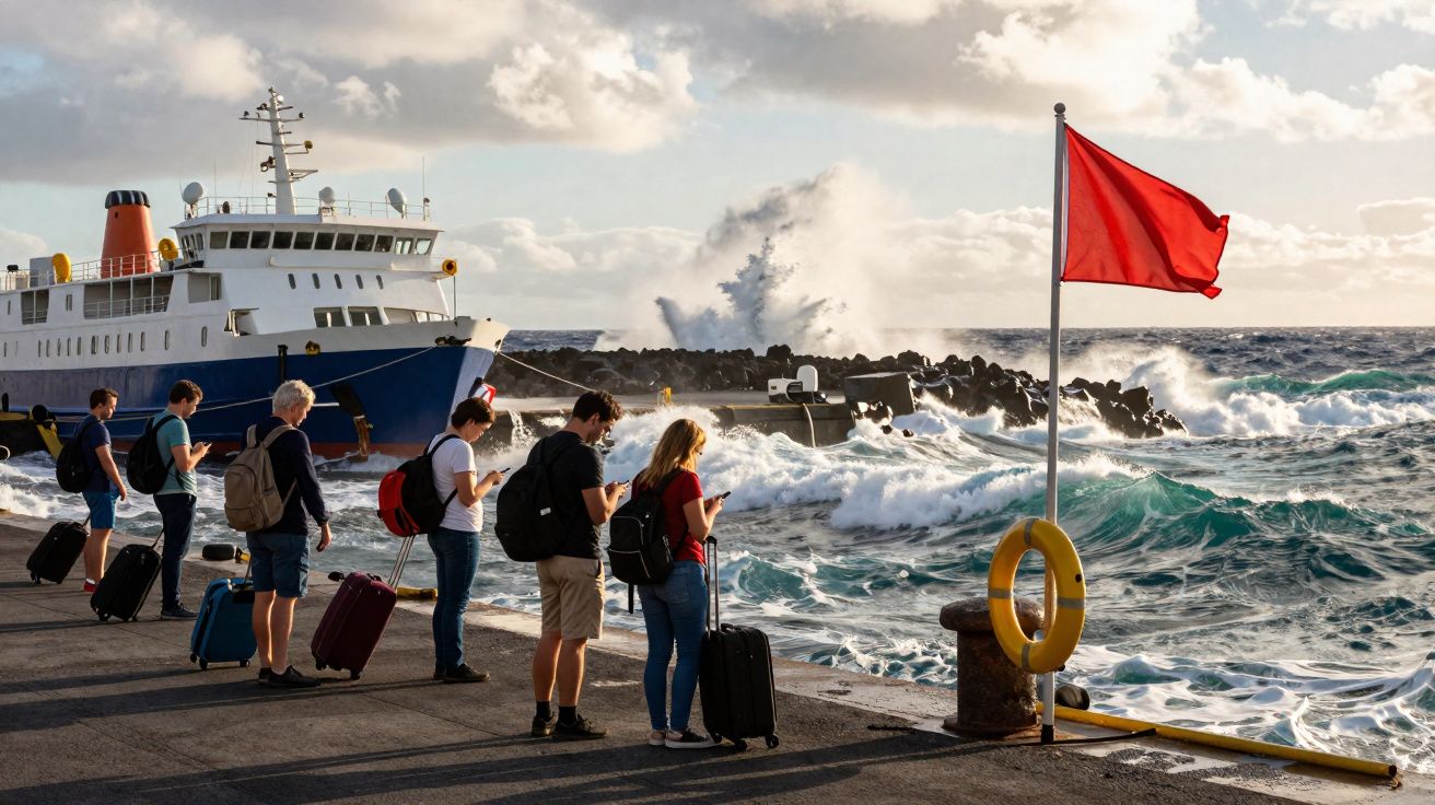 Pessoas com malas aguardando embarque em pier com mar agitado e barco ancorado ao fundo.