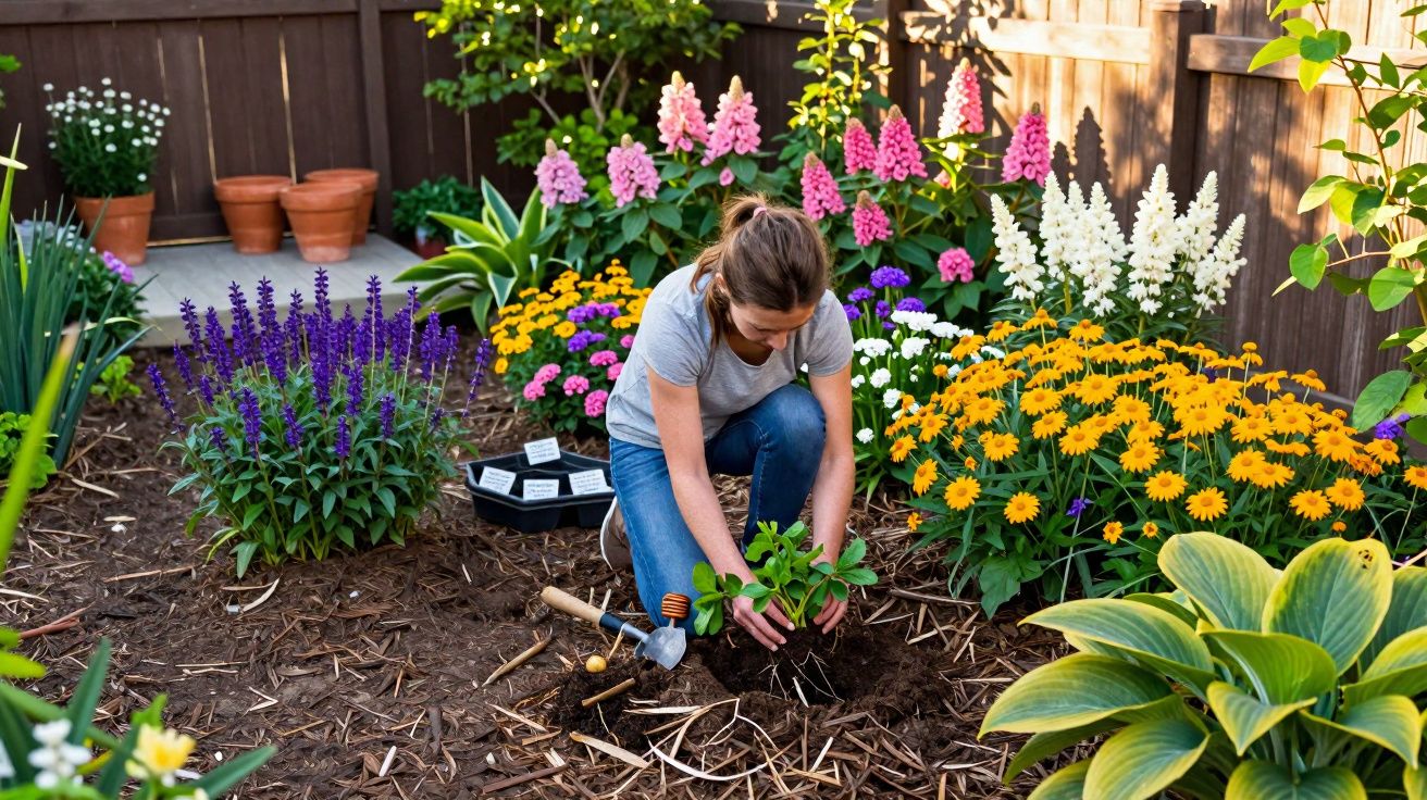 Mulher plantando muda em jardim florido com flores amarelas, roxas, rosas e brancas em área cercada.