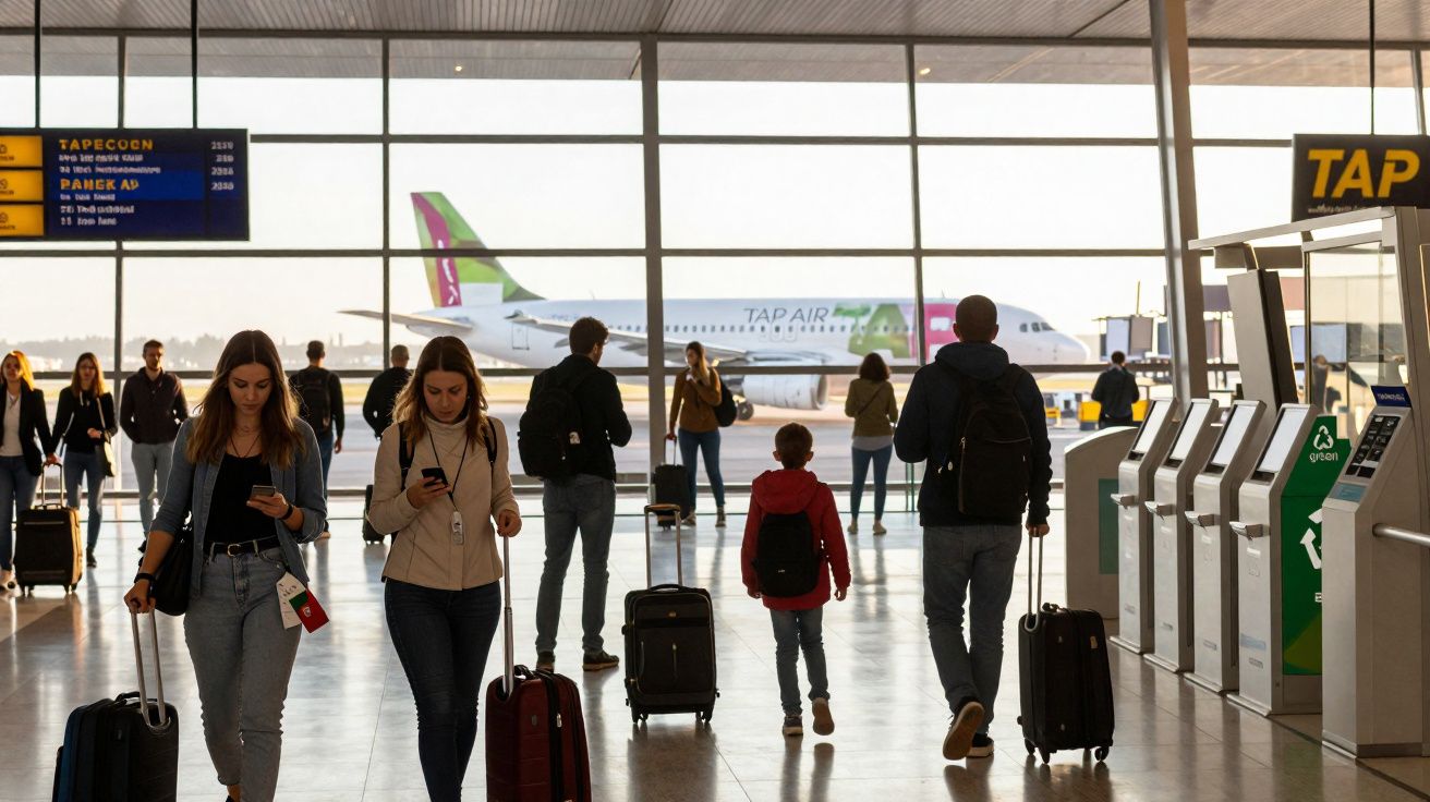 Passageiros com malas caminhando em terminal de aeroporto com avião da TAP Air Portugal ao fundo.