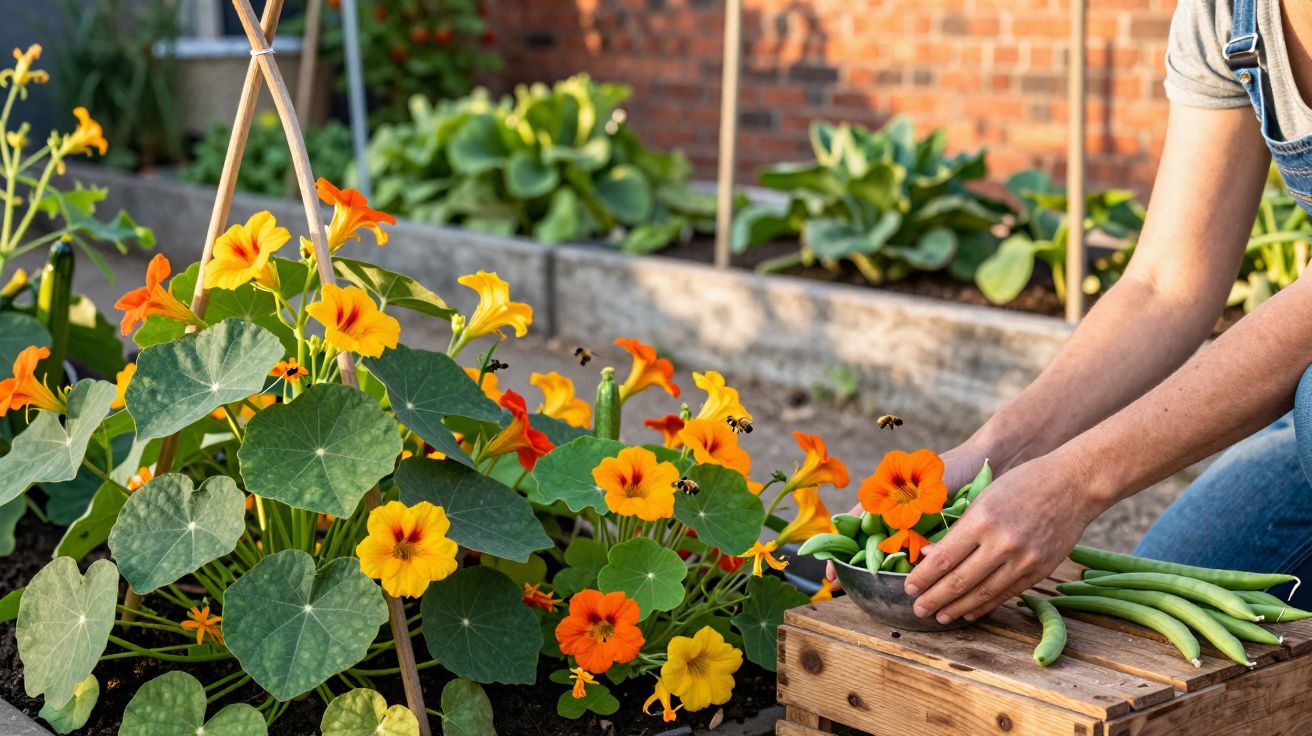 Pessoa colhendo vagem em horta caseira com flores amarelas e laranjas sob luz do sol.