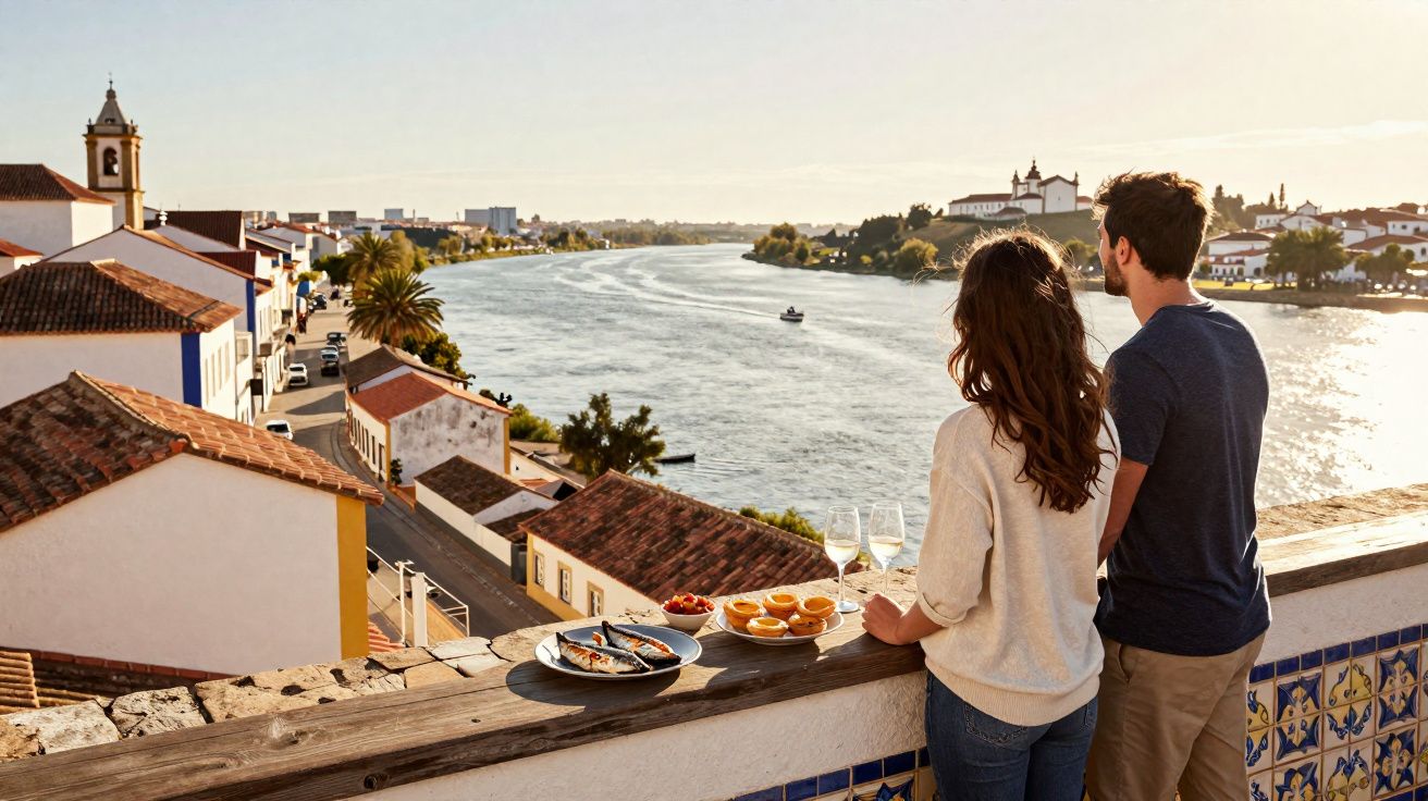 Casal apreciando rio e cidade ao entardecer com petiscos e vinho sobre mureta de azulejos.