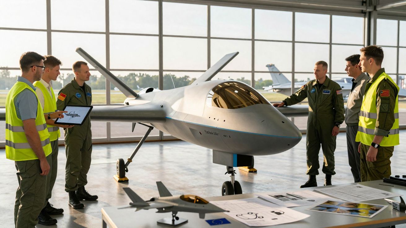 Engenheiros e militares analisam drone moderno branco em hangar de aeroporto com modelos e documentos sobre mesa.