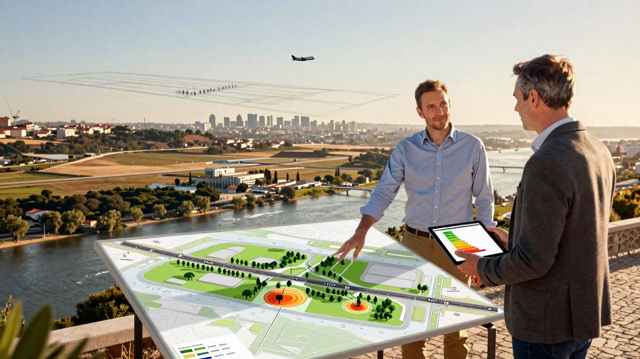 Dois homens discutem projeto de urbanismo ao ar livre com maquete digital em mesa, perto de rio e cidade ao fundo.