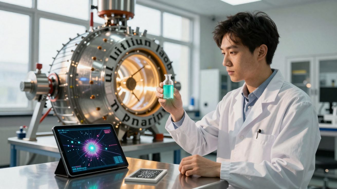 Cientista em laboratório segurando frasco com líquido verde ao lado de aparelho científico e tablet.