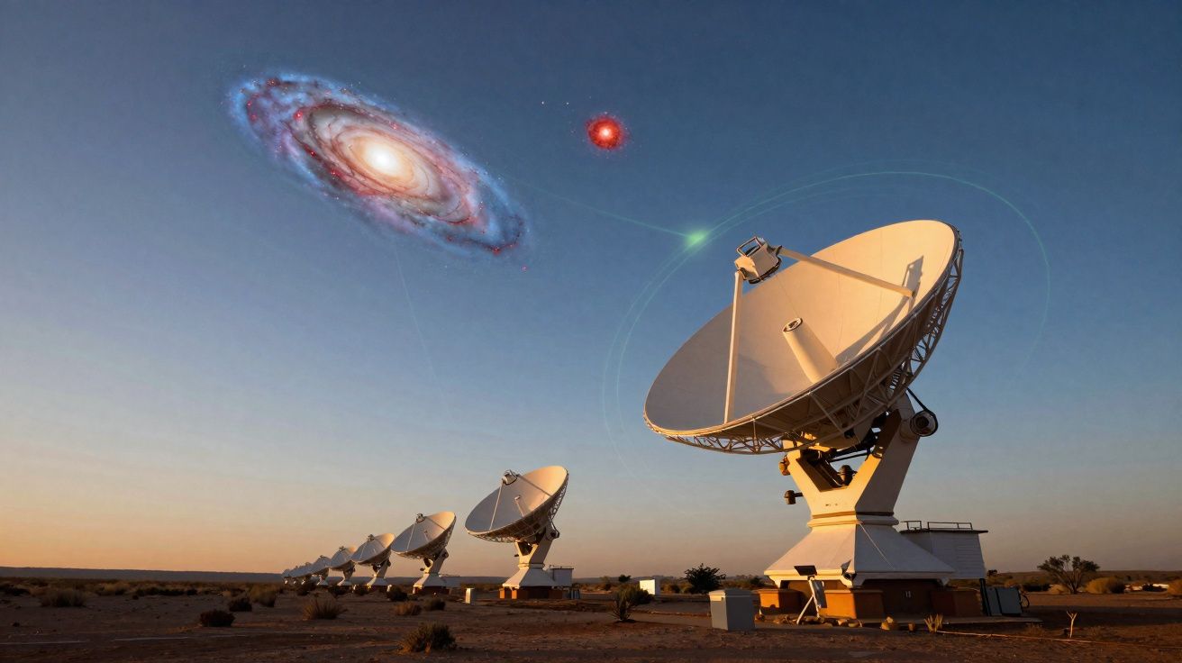 Antenas parabólicas no deserto ao pôr do sol com galáxia e estrelas brilhantes no céu.