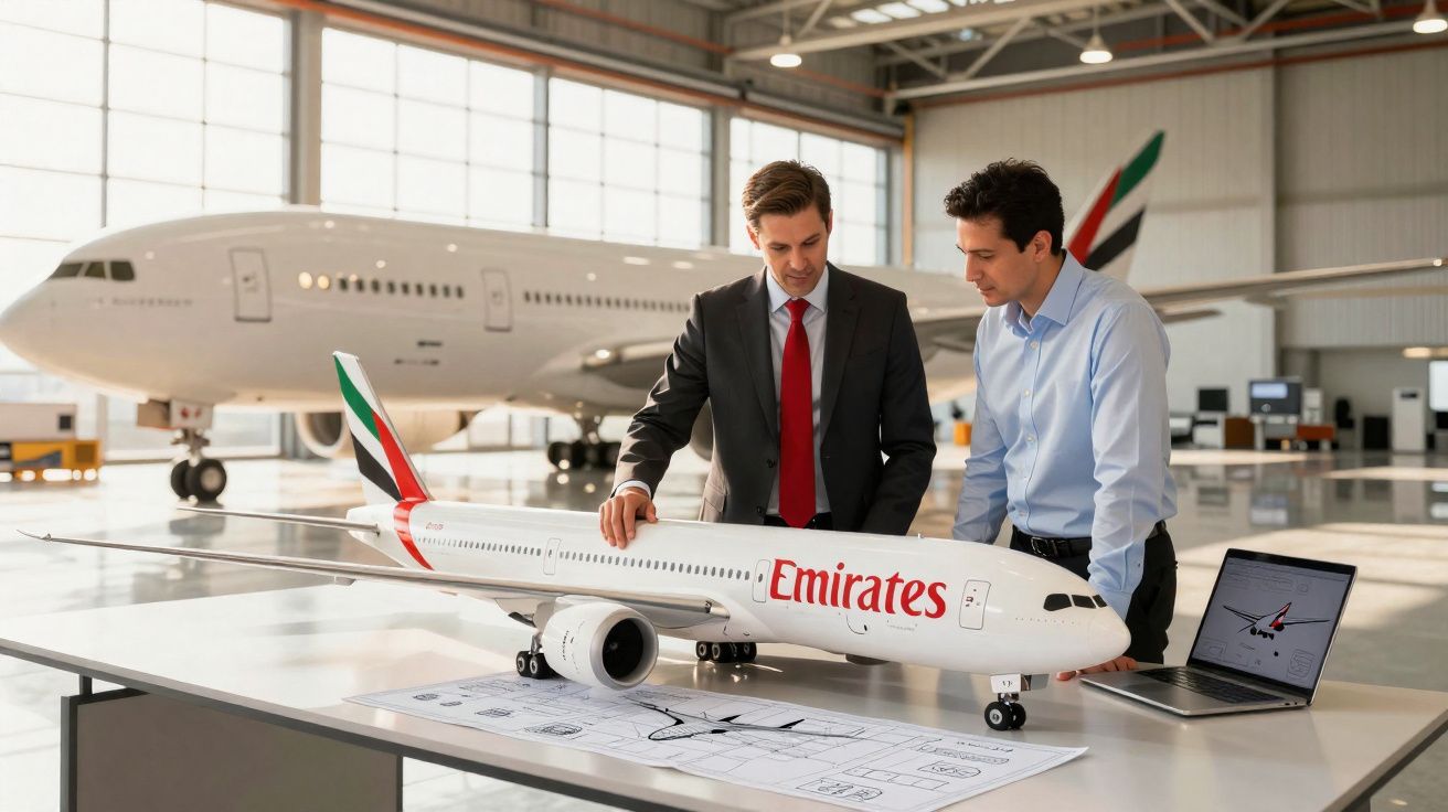 Dois homens analisam modelo de avião Emirates em mesa com plantas e laptop, dentro de hangar.