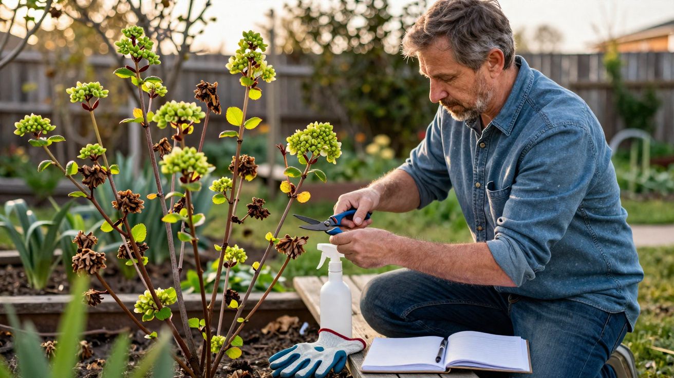 Homem cuidando de planta em jardim, com tesoura de poda, luvas e caderno ao lado.