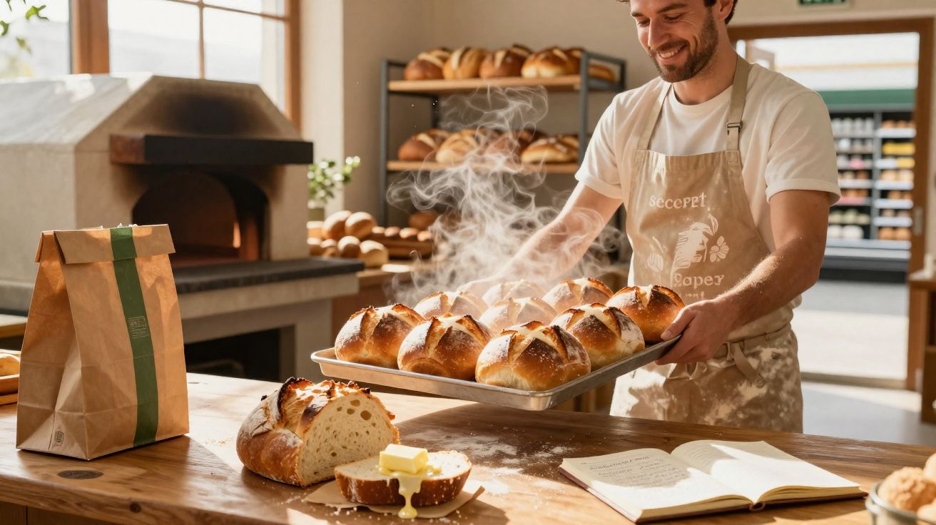 Padeiro segurando tabuleiro com pães quentes recém-assados em padaria com forno de pedra ao fundo.