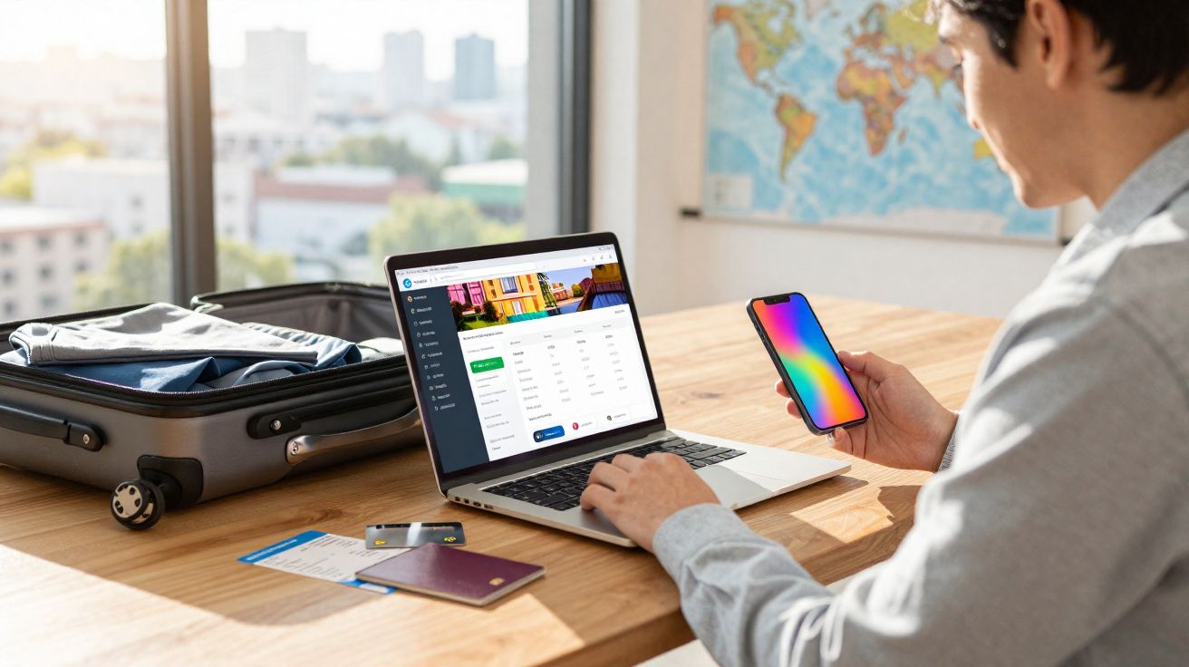 Pessoa usando laptop e celular ao lado de mala aberta, passaporte e documentos sobre mesa, com mapa ao fundo.