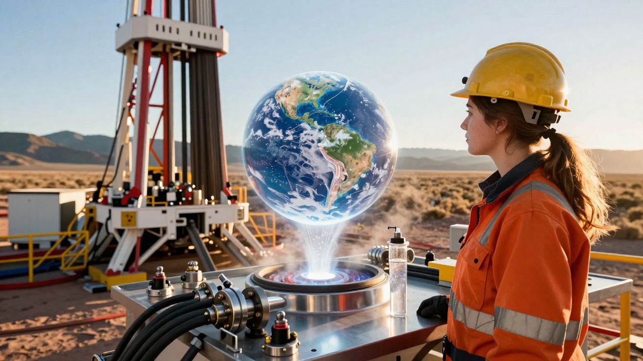 Engenheira observa modelo holográfico da Terra em plataforma industrial ao ar livre.