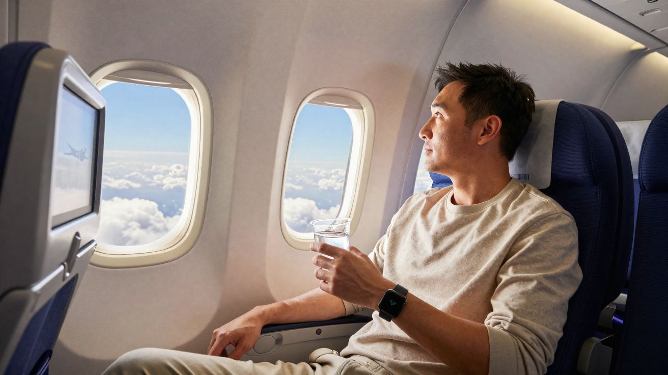 Homem sentado na poltrona do avião olhando pela janela e segurando um copo com bebida.