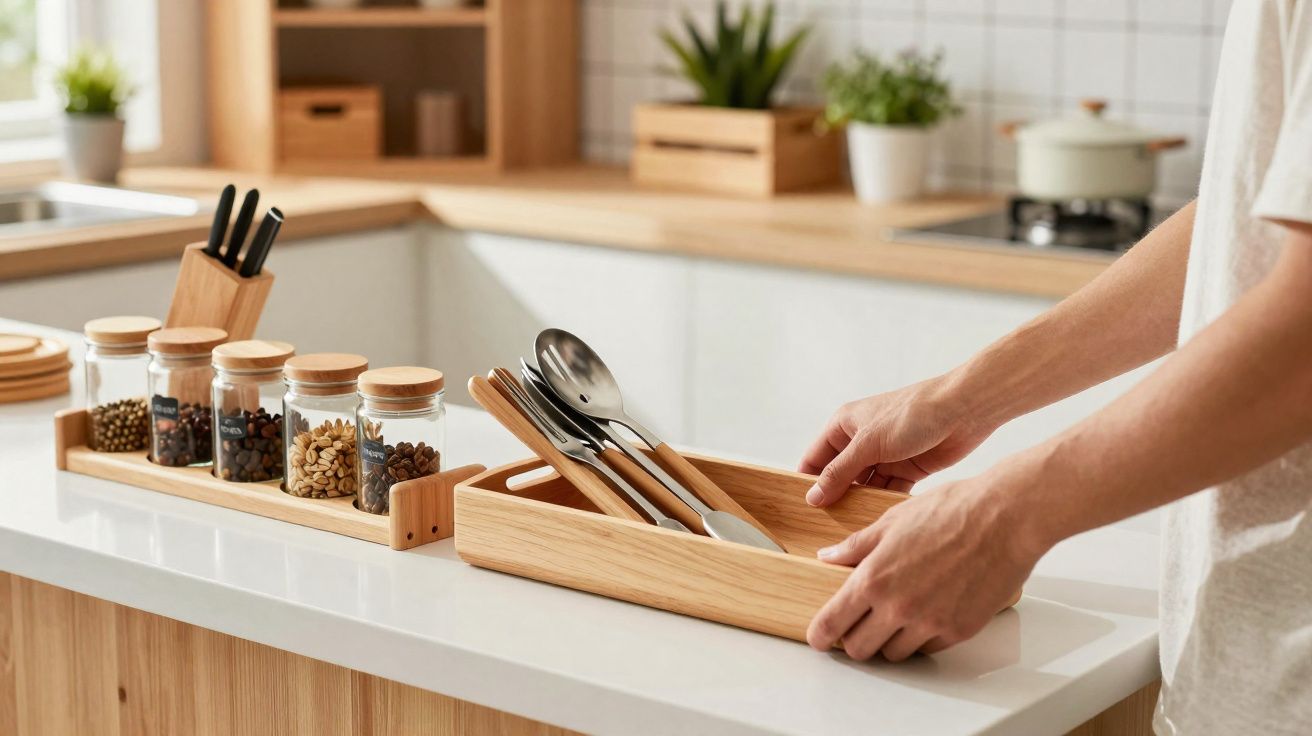 Utensílios de cozinha organizados em bandeja e temperos em potes sobre bancada branca em ambiente claro.