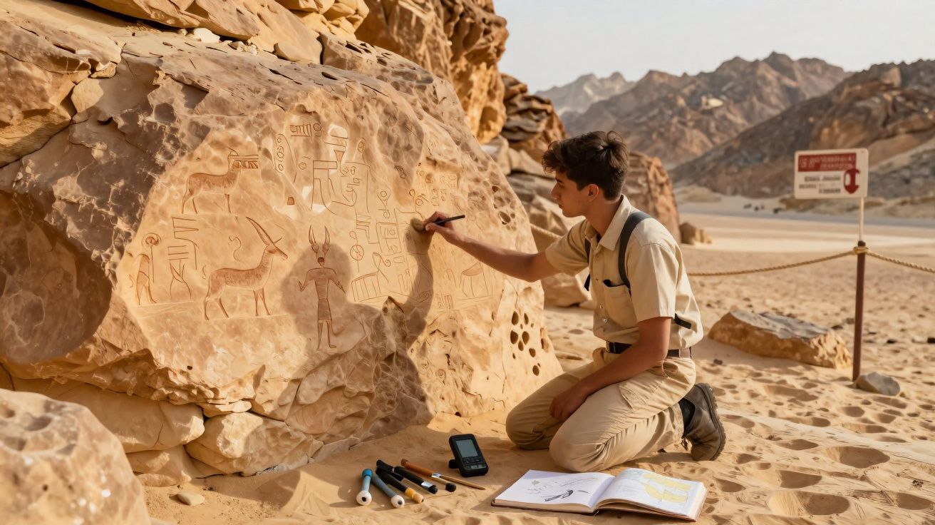 Jovem pesquisador desenha símbolos egípcios antigos em pedra no deserto, rodeado por montanhas arenosas.