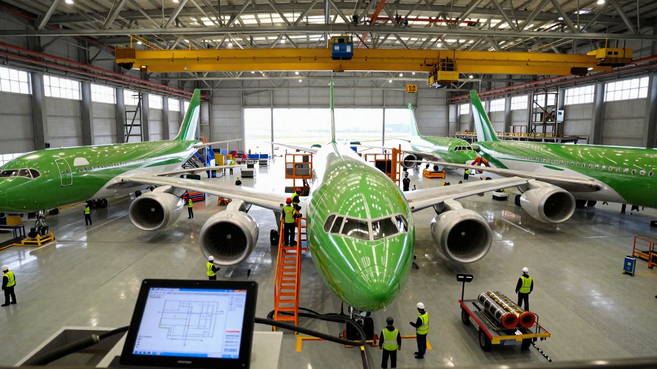 Aviões verdes em manutenção dentro de hangar industrial com técnicos trabalhando ao redor.