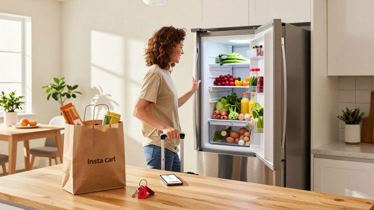 Mulher abrindo geladeira cheia de alimentos frescos em cozinha iluminada, com sacola de compras na bancada.