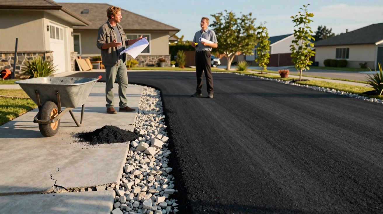 Dois homens discutem projeto em rua recém-pavimentada em área residencial com casas e jardim.